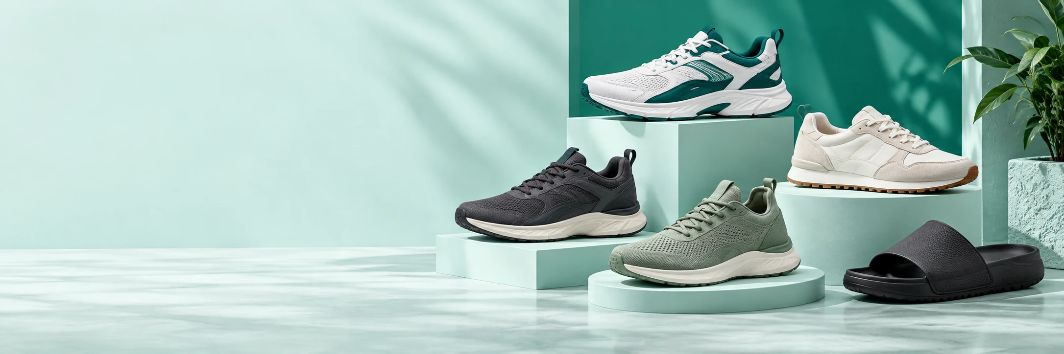 Premium sneakers arranged on mint studio platforms